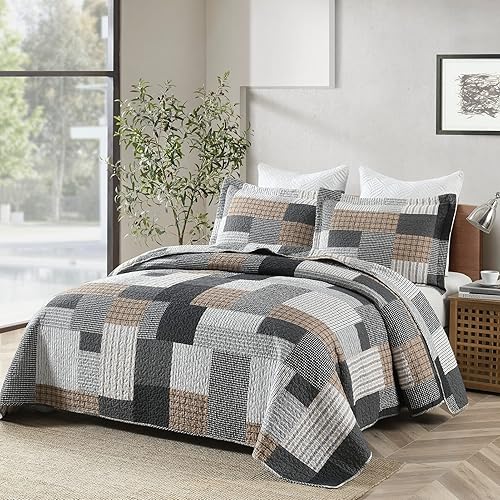 Vista 40 de PERHOM Colcha tamaño Queen – Colcha ligera 100% algodón – Gris marrón, negro y blanco, colcha reversible suave tamaño Queen para juego de cama