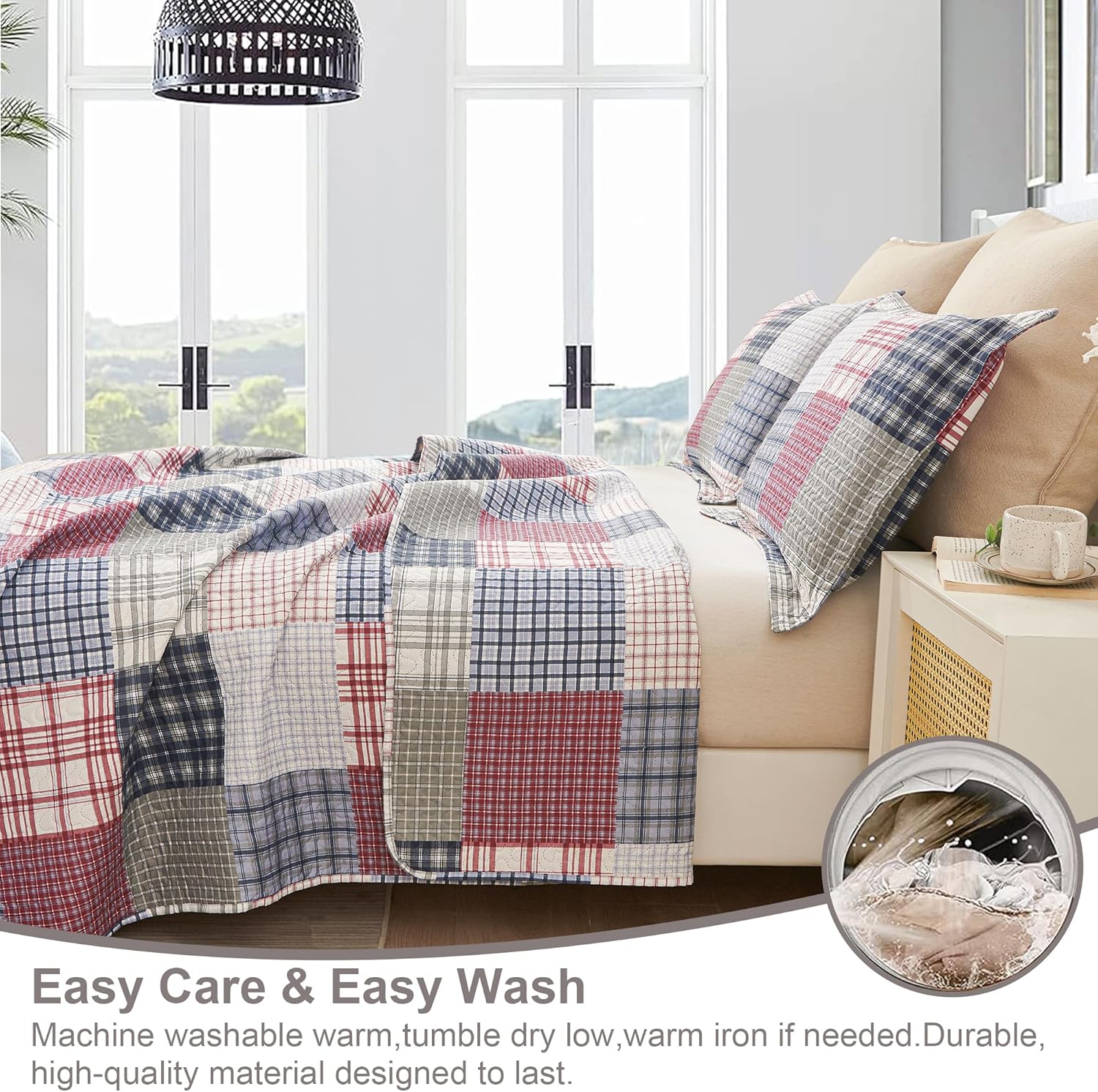 Ycosy Quilt Set King Size Plaid Bedspread Set Soft Lightweight Bedding Set Red Navy White Patchwork Quilts Reversible Bedspread Coverlet Set Home Collections Bed Set with 2 Pillow Shams - Image 3