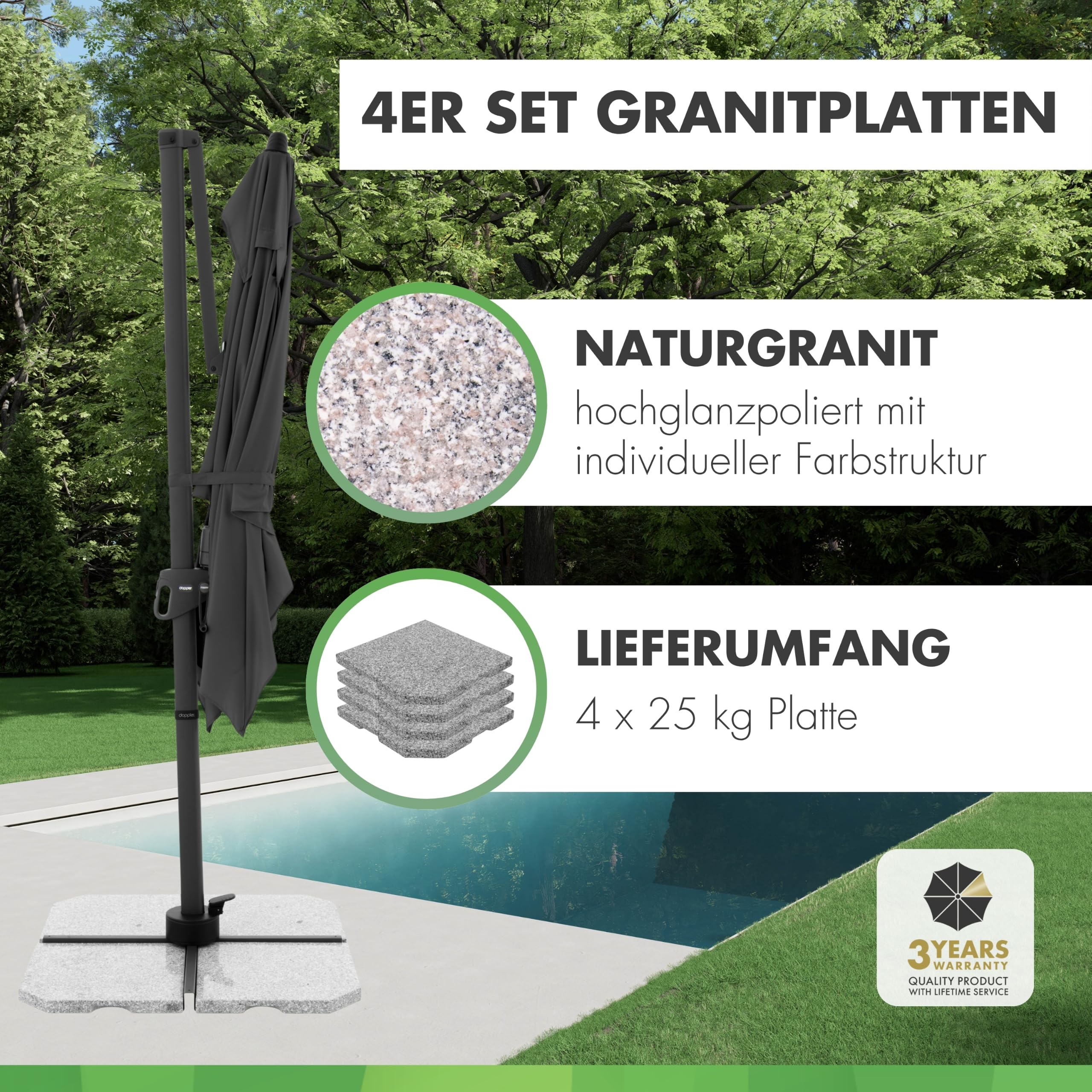 Doppler 1x Granitplatte 25kg I Beschwerplatte 50x50x4cm für Sonnenschirme mit max. 300cm Schirmdurchmesser I wetterfester Natursteinsockel mit Griffmulde I Schirmständer für Pendelschirme