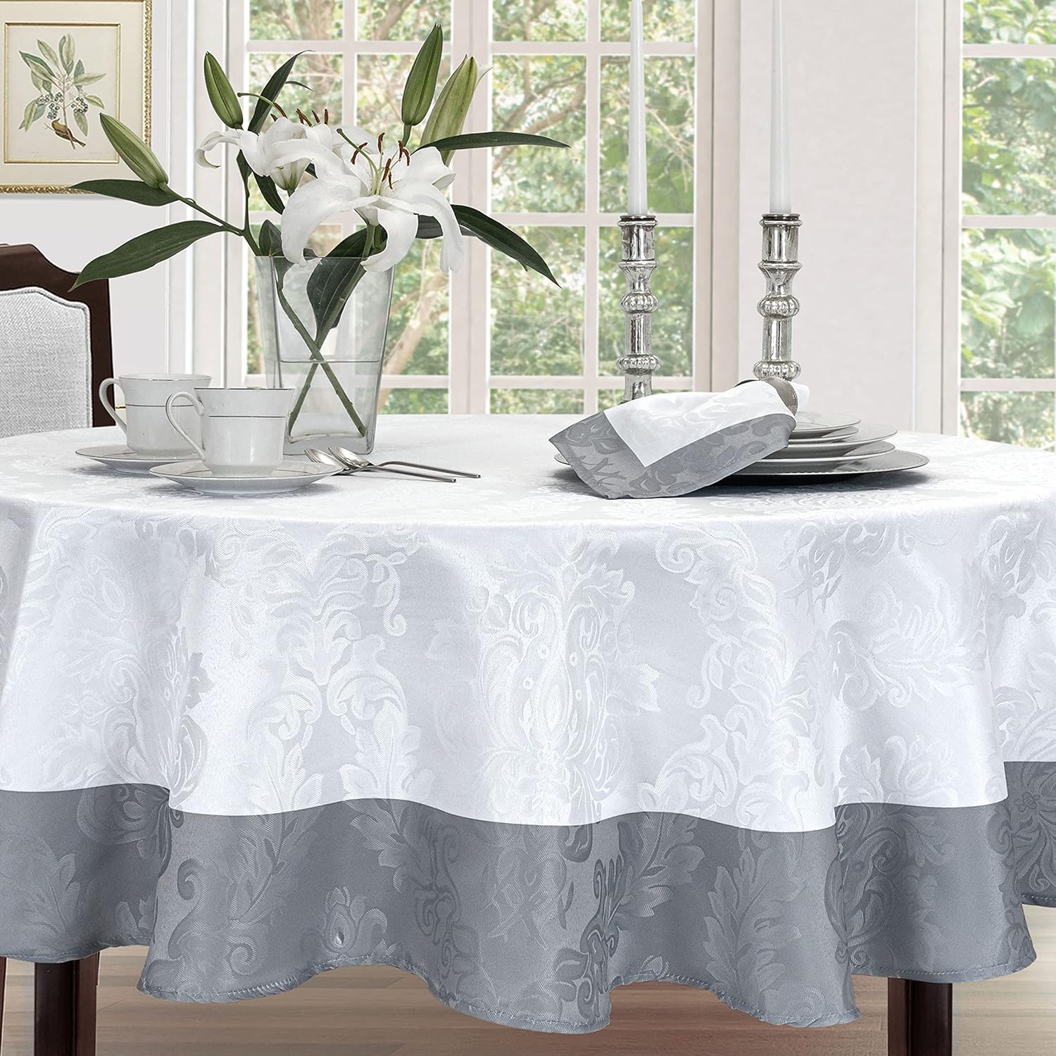 Newbridge Valencia Two Tone Bordered Damask Fabric Tablecloth, Wrinkle and Stain Resistant Fine Dining Holiday Hotel Quality Tablecloth, 52 Inch x 70 Inch Oblong/Rectangle, White/Silver
