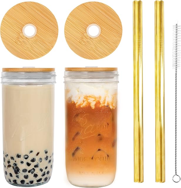 ANOTION Mason Jar with Lid & Straw, 24oz Wide Mouth Drinking Glasses Tumbler Silicone Sleeve Bamboo Lid, Reusable Boba Cups Travel Bottle for Iced Coffee Large Pearl Juices, Transparent & Golden