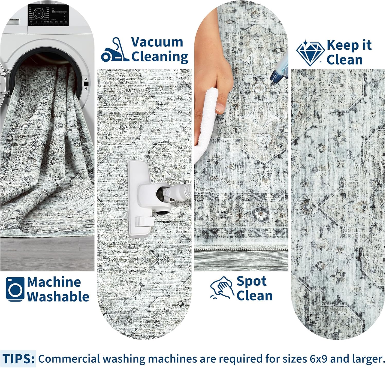 Living Room Area Rug 8x10 Area Rug Vintage Indoor Carpet Low Pile Stain Resistant Throw Carpet Non Slip Non Shedding for Bedroom Playroom Dining Room，Blue Brown