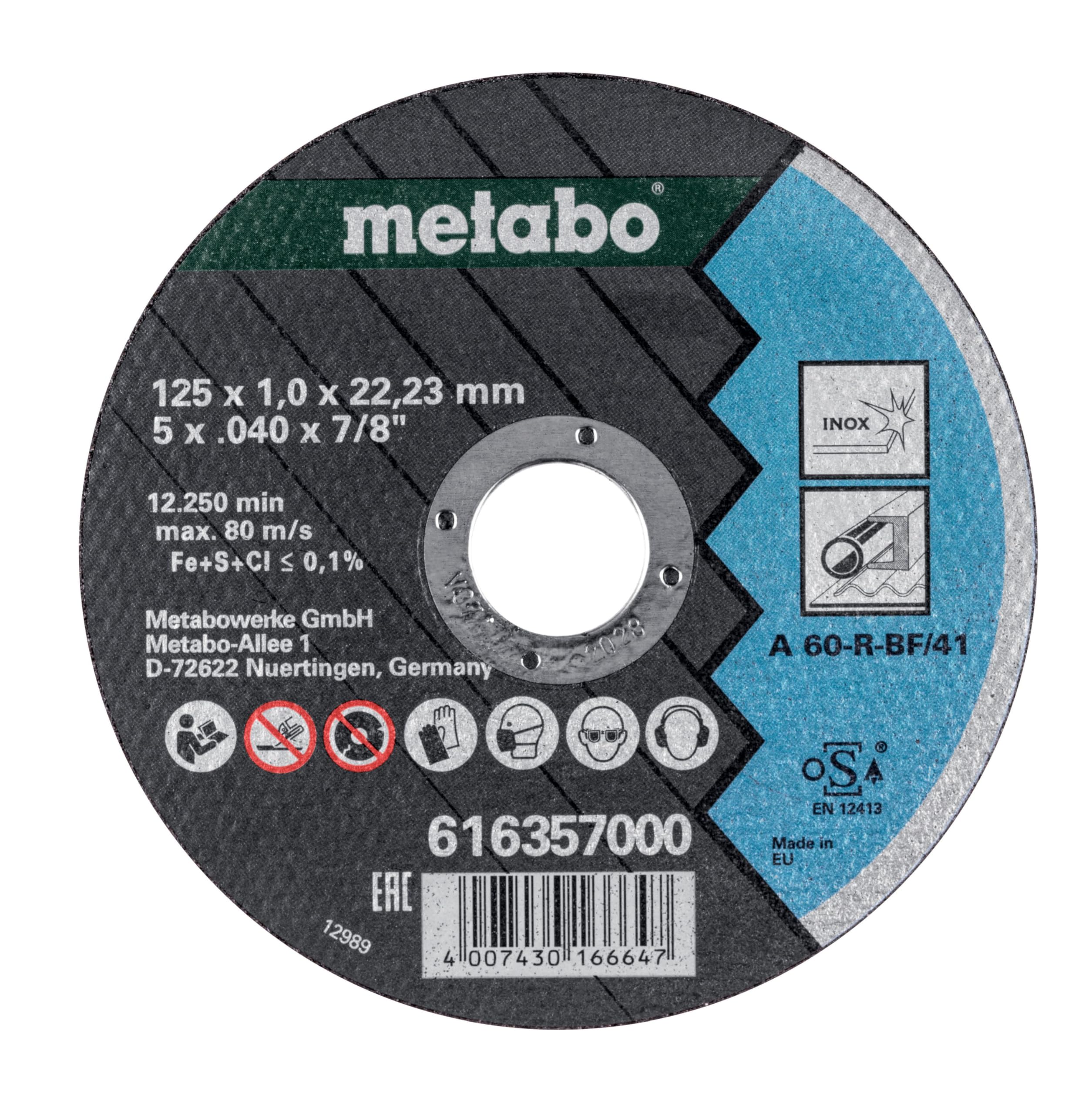 Metabo tarcze tnące SP 125 x 1,0 x 22,23 Inox, TF 41 – 616359000 – Do obróbki stali nierdzewnej – Zestaw 10 sztuk