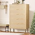 GarveeHome Rattan 5 Drawer Dresser, 44'' Tall Narrow Chest of Drawer, Farmhouse Wooden Vertical Dresser with Metal Legs and Handles, Modern Cabinet for Bedroom, Living Room, Oak
