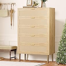 GarveeHome Rattan 5 Drawer Dresser, 44'' Tall Narrow Chest of Drawer, Farmhouse Wooden Vertical Dresser with Metal Legs and Handles, Modern Cabinet for Bedroom, Living Room, Oak