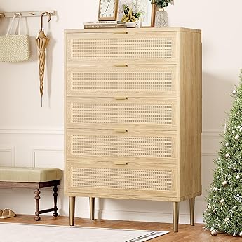 GarveeHome Rattan 5 Drawer Dresser, 44'' Tall Narrow Chest of Drawer, Farmhouse Wooden Vertical Dresser with Metal Legs and Handles, Modern Cabinet for Bedroom, Living Room, Oak