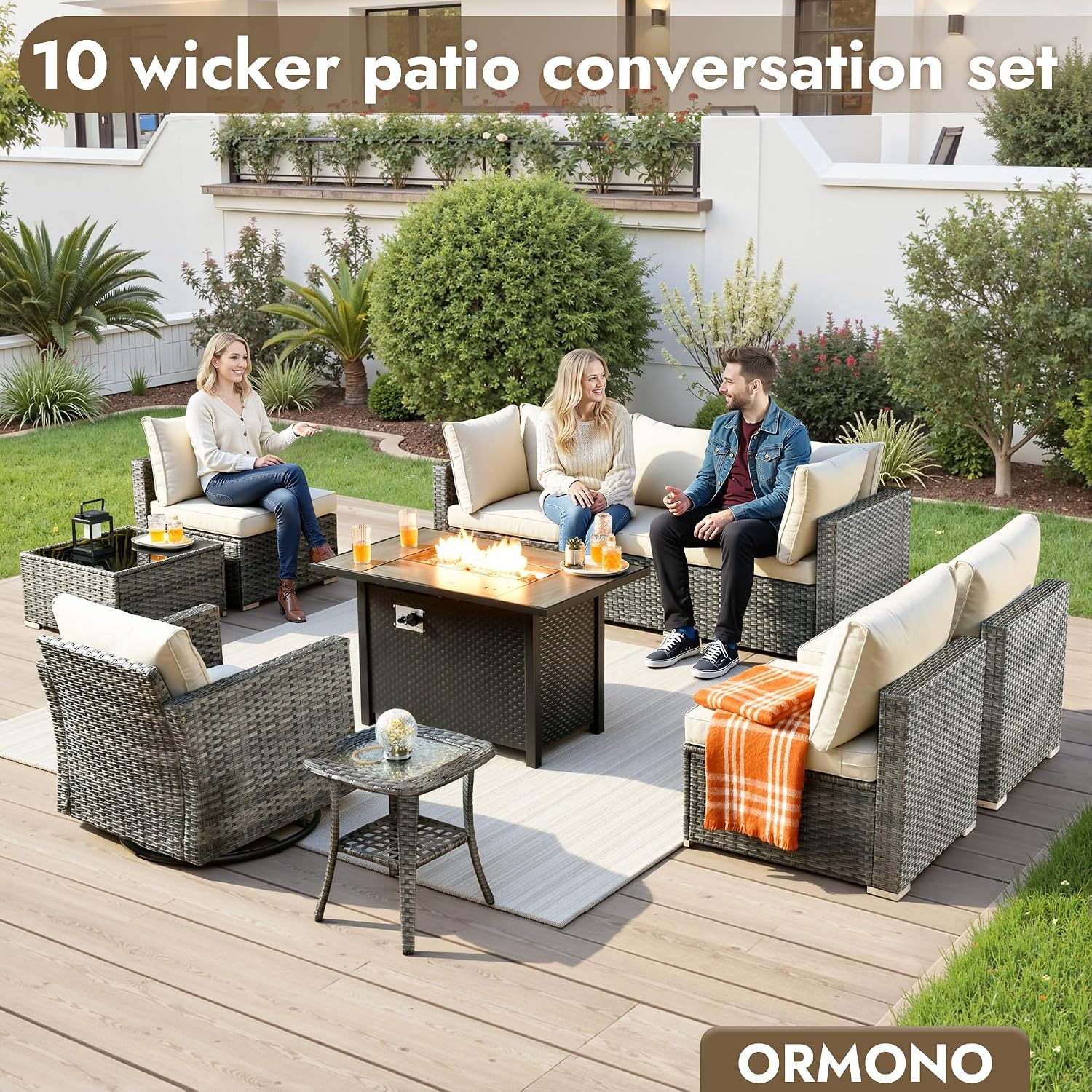 10 Pieces Patio Furniture Set with Fire Pit,L Shaped Outdoor Patio Conversation Sets with Swivel Chair,Rattan Wicker Sectional Patio Sofa with Comfy Cushions and Deep Seat for Porch,Beige