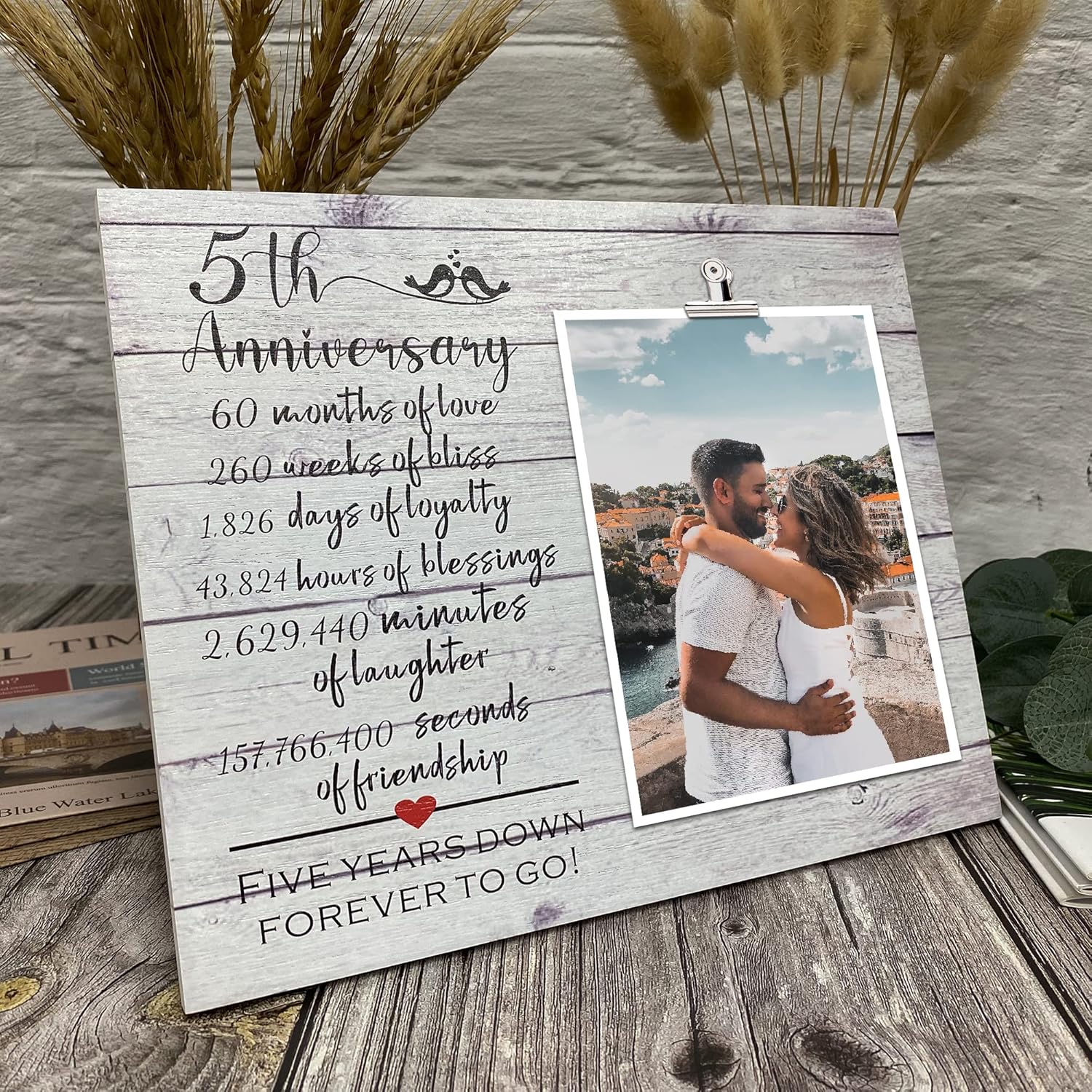 ZENNLAB 5th Anniversary Picture Clip Frame, Gifts for Couple 5th Anniversary, Wife 5th Wedding Anniversary Present from Husband, Gifts for Him/Her Wood Anniversary, Five Years Down Forever to Go - Image 6