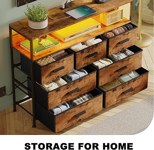 Miniatura 6 de Mueble de TV con 7 cajones, soporte de TV con luces LED y tomas de corriente, cómoda para dormitorio, cómoda de hasta 45 pulgadas de largo, cómoda