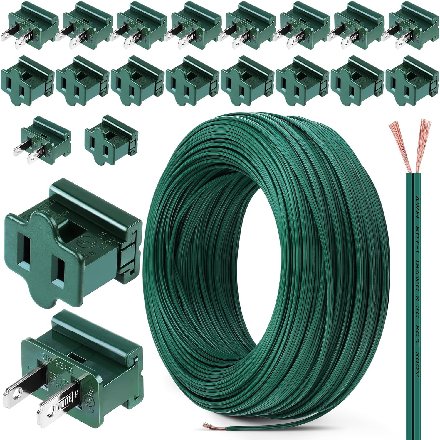Aodaer 394FT SPT-1 Hookup Christmas Electric Wire 18AWG SPT-1 Zip Cord Wire with 20 Vampire Plugs (10 Male & 10 Female) Tinned Copper Flexible Bulk Lamp Cord Outdoor Landscape Lighting