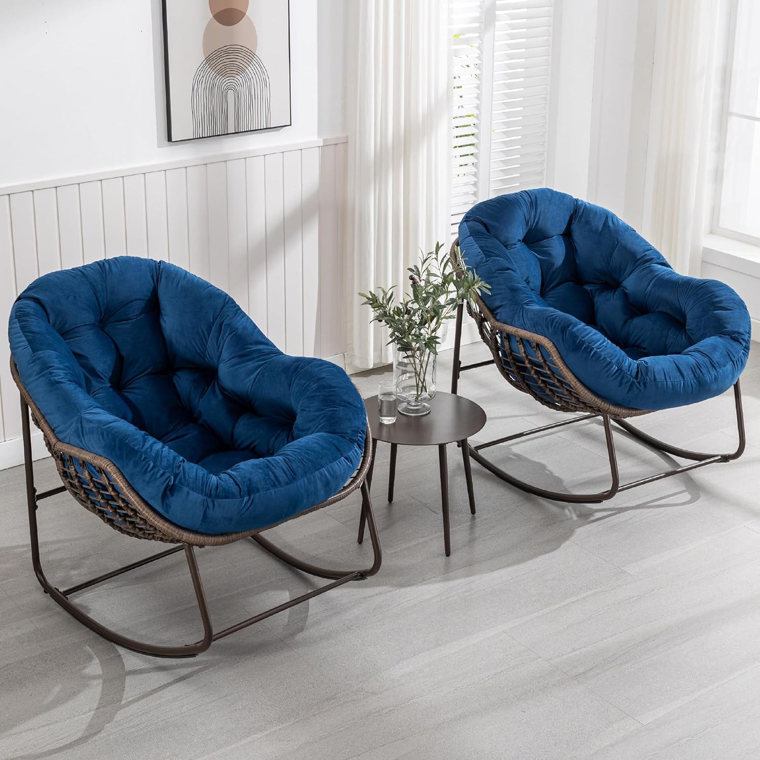 KEIKI Oversized Patio Lounge Chair-Outdoor Rattan Egg Reading Chair, Indoor Padded Cushion Papasan Rocking Chair W/Steel Frame, Porch Rocker Chairs Furniture for Garden Lawn, Blue Spun-Polyester