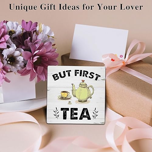 Vista 4 de Letrero de madera But First Tea, tetera y taza de té con soporte de soporte, decoración de cocina, hogar, oficina, sala de té, B89