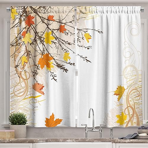 Miniatura 1 de Ambesonne Cortinas de cocina de naturaleza, hojas de arce otoñales, ramas en otoño, tonos tierra, impresión artística de bosque, cortinas de