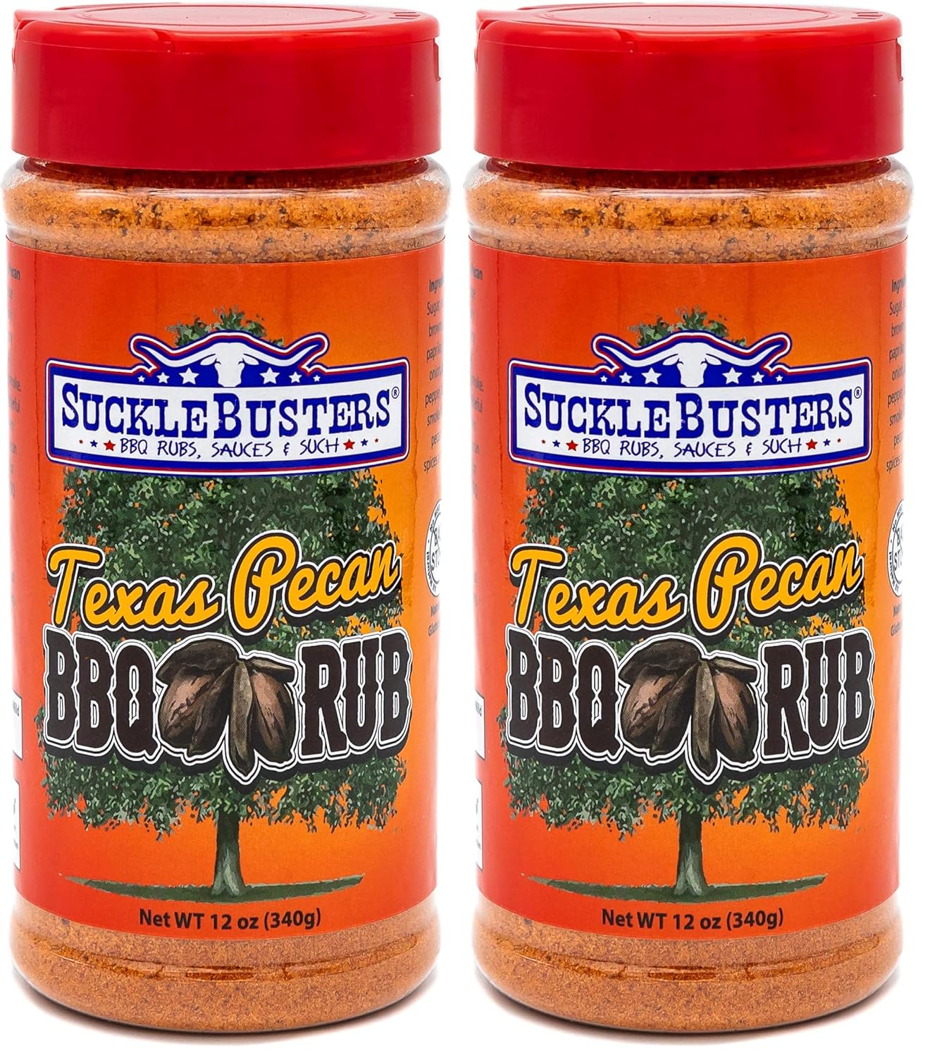 SuckleBusters Texas Pecan BBQ Rub: Super Sweet & Smoky Flavor, Bright Red Color, Authentic Texas BBQ Rub for Pork and Chicken, Gluten-Free, No MSG Shaker (12oz) (Pack of 2)