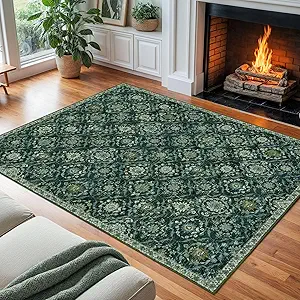 KILOCOCO 8x10 Area Rug, Moroccan Super Soft Washable Living Room Vintage Floral Rug, Non-Slip Large Print Faux Wool Throw Indoor Rug for Playroom Bedroom Office Carpet, Dark Green