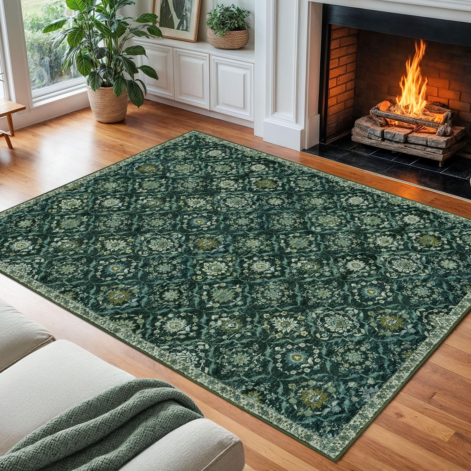 KILOCOCO 8x10 Area Rug, Moroccan Super Soft Washable Living Room Vintage Floral Rug, Non-Slip Large Print Faux Wool Throw Indoor Rug for Playroom