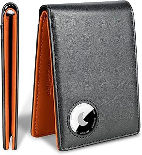 AirTag Wallet Men, Bifold Genuine Leather Rfid Blocking AirTag Wallet with Cash Slots ID Window, Compatible Apple Air Tag Holder with Gift Box