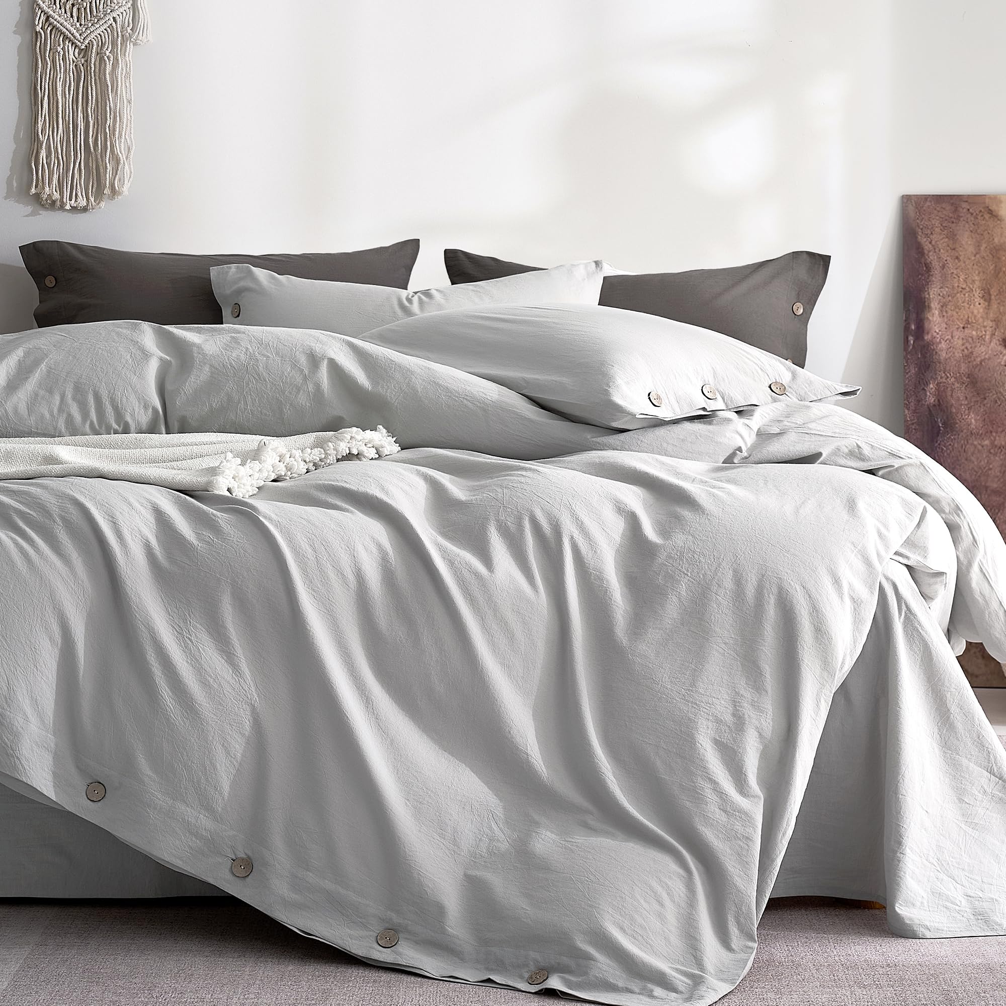 JELLYMONI 100% Washed Cotton Pale Grey Duvet Cover Full, Linen-Like