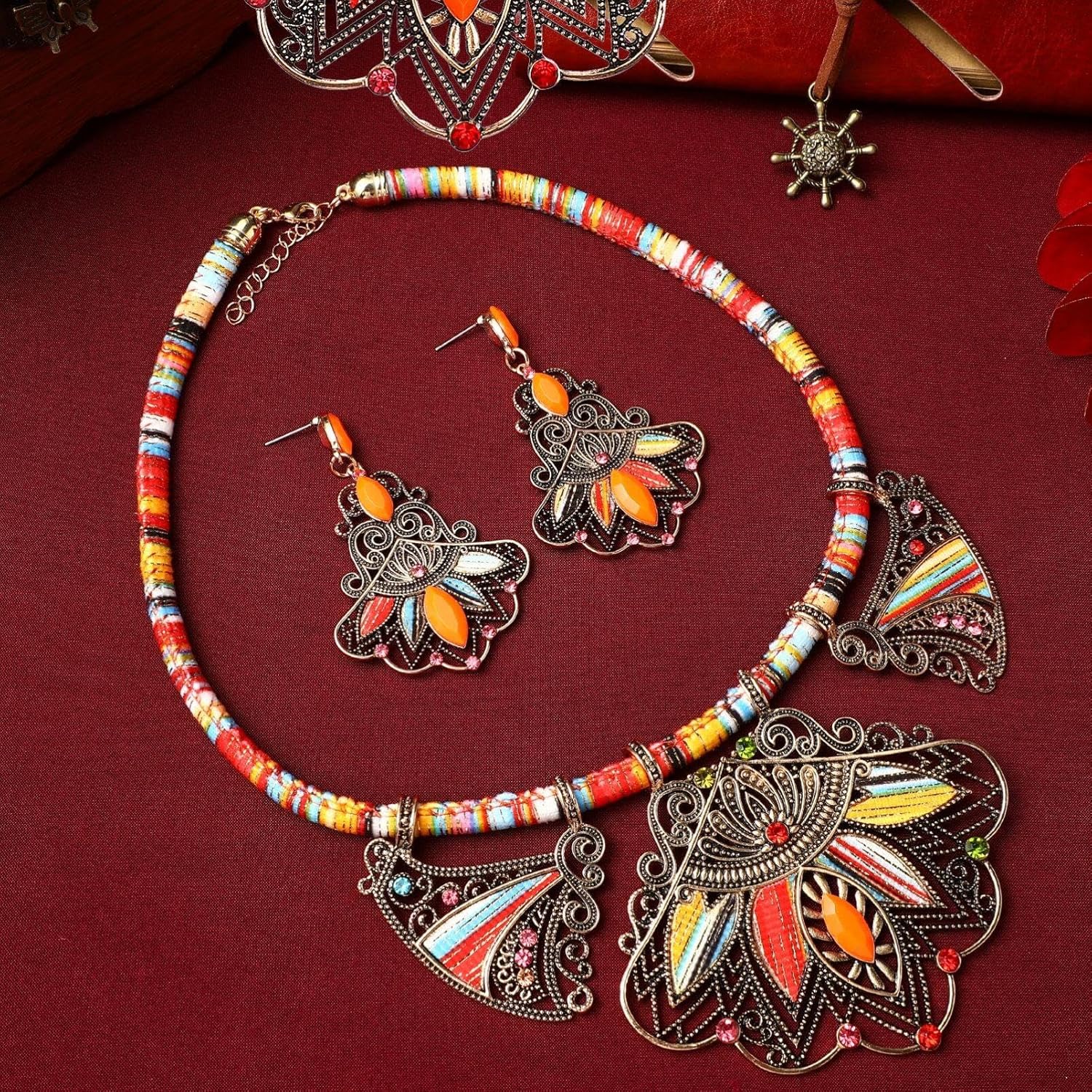 LUOEM Bohemian Jewelry Set Women Colorful Resin Bib Necklace and Earrings Set Ethnic Style Statement Necklace Earrings for Weddings Parties Everyday Wear - Image 9