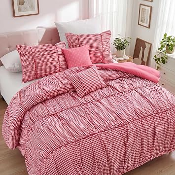 Gingham King Size Comforter Set, Pleated Bedding Set with Double-Sided Design, Lightweight & Soft 5pc Bed Set Includes Comforter, Shams, Dec Pillows, Red/White Plaid