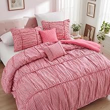 Plaid King Size Comforter Set, Pleated Bedding Set with Double-Sided Design, Lightweight & Soft 5pc Bed Set Includes Comforter, Shams, Dec Pillows, Red/White Checkered