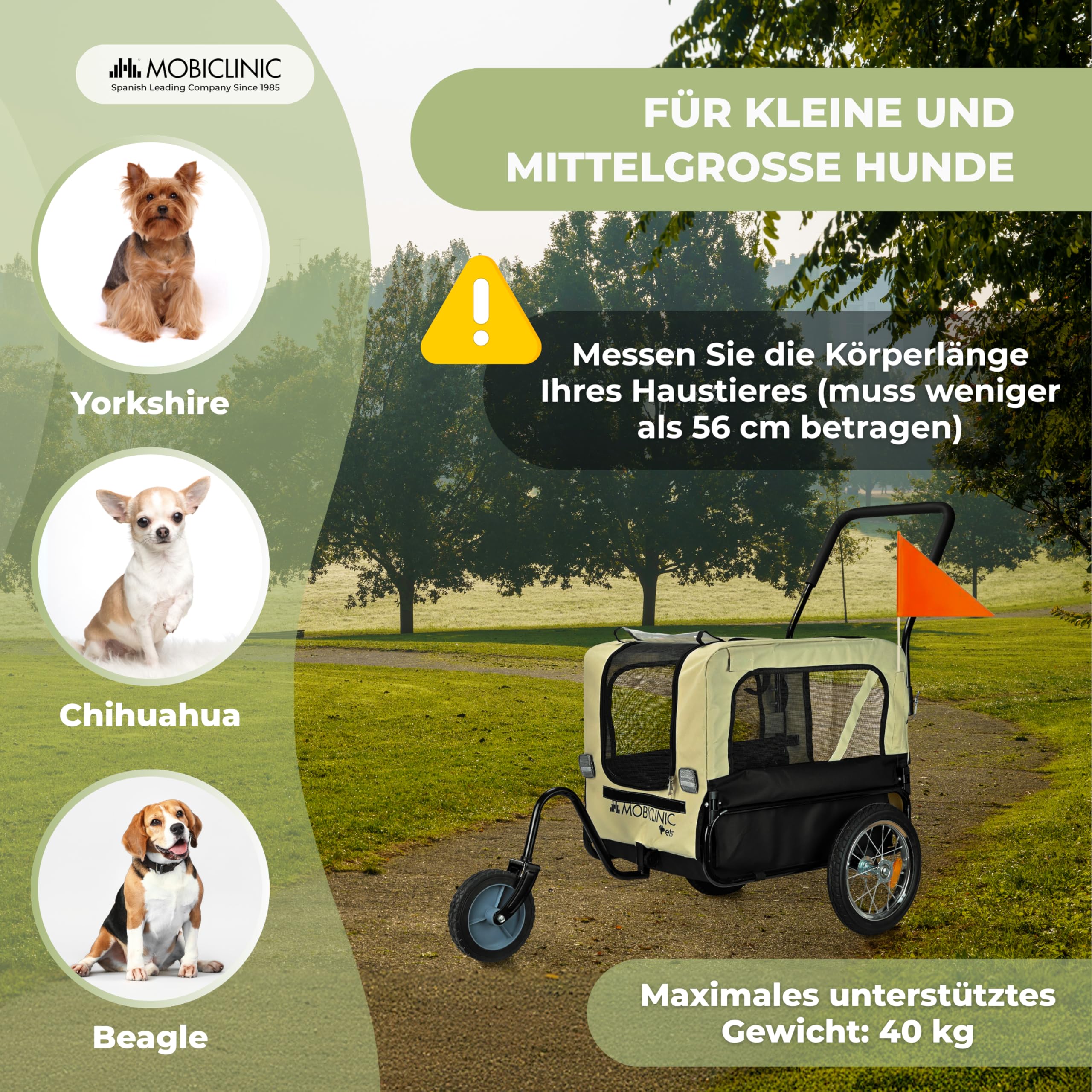 Mobiclinic®, Hundeanhänger für Fahrrad + Hundewagen, 2 in 1, Bis 40 kg, wasserdichte Abdeckung, 123x67x100 cm, Reflektoren & Fahne, 600D Oxford, Für Kleine und Mittelgroße Hunde