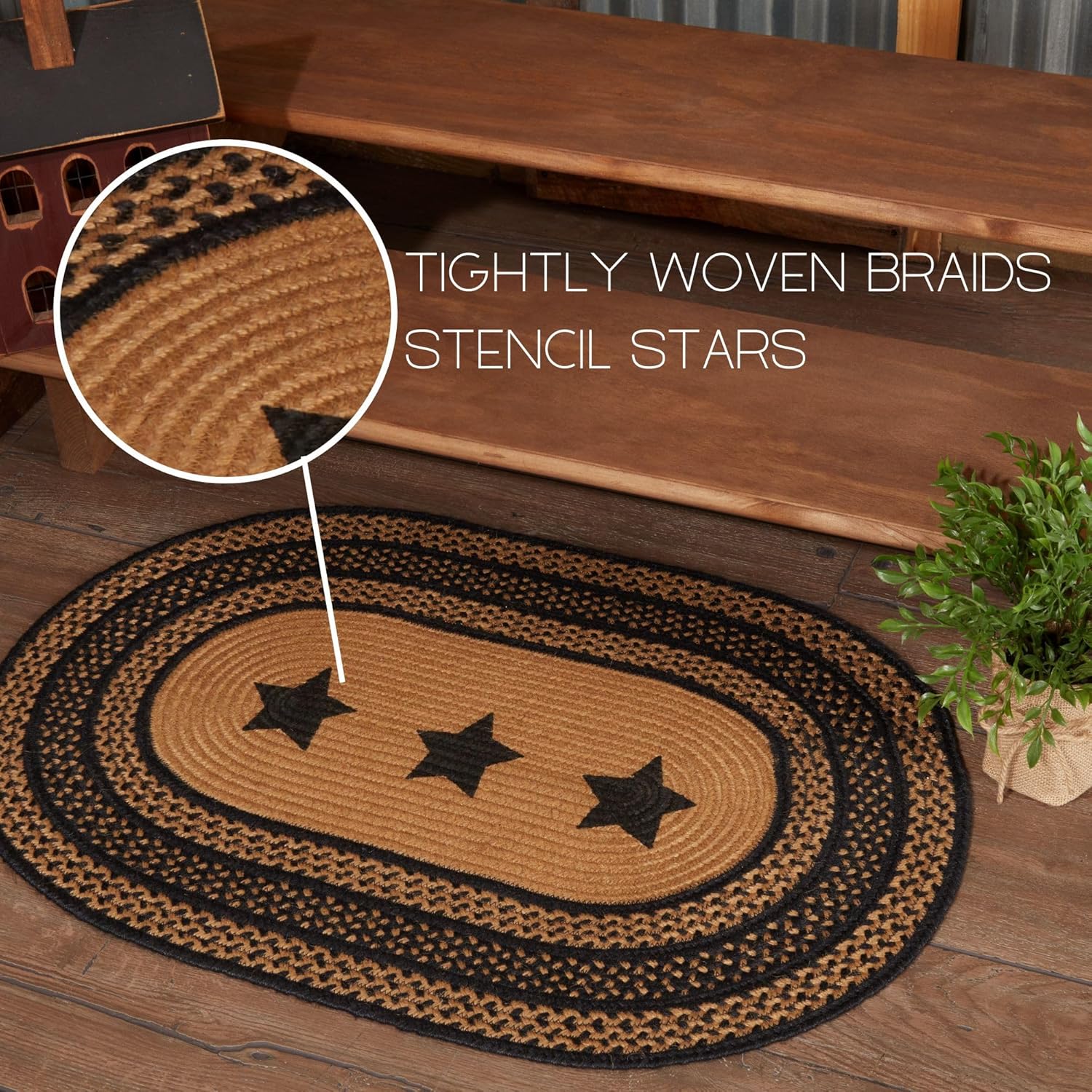 VHC Brands Farmhouse Primitive Jute Black Stenciled Stars Accent Rug Oval w/Floor Pad 24"x36"
