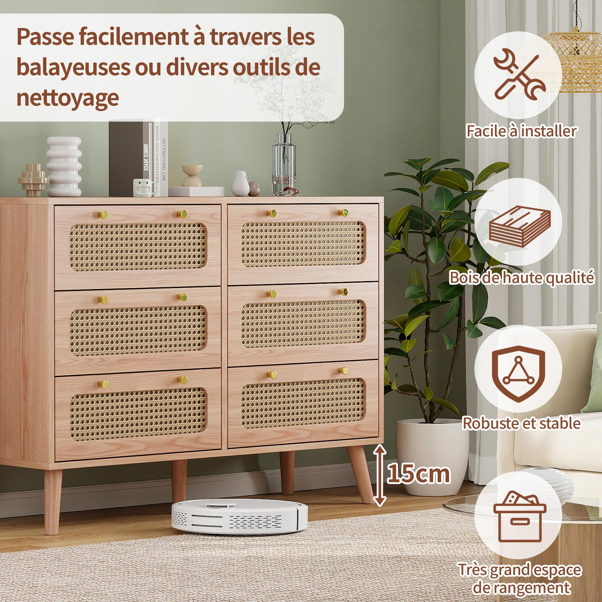 FOERPL Cómoda con 6 Cajones, 100 x 34 x 73 cm, Cómoda de Madera y Ratán, Mueble de Almacenamiento de Madera para Oficina, Salón o Dormitorio, Ratán PE