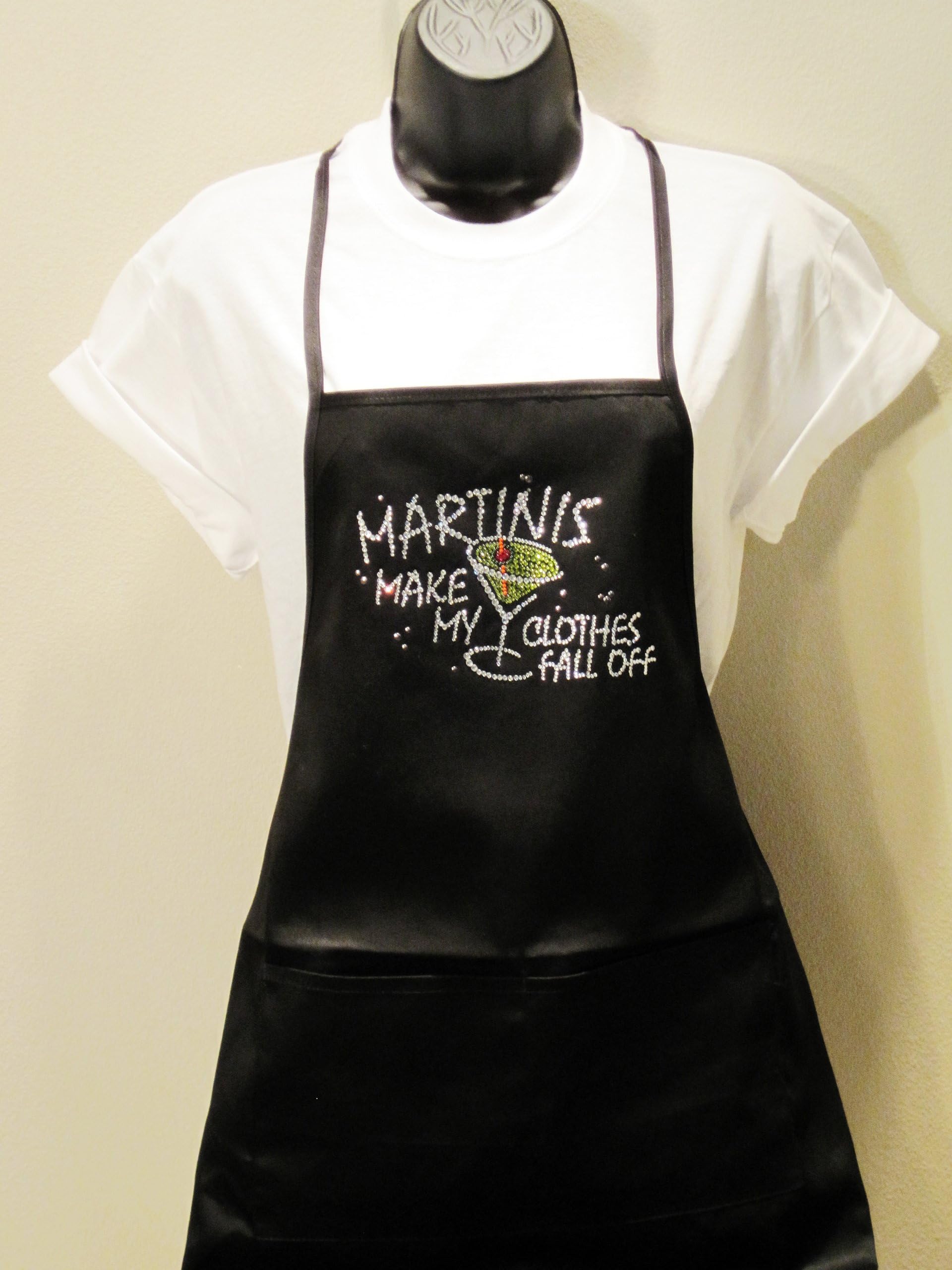 "Martinis Make My Clothes Fall Off"- Rhinestone Two Pocket Poly Cotton Blend Black Apron