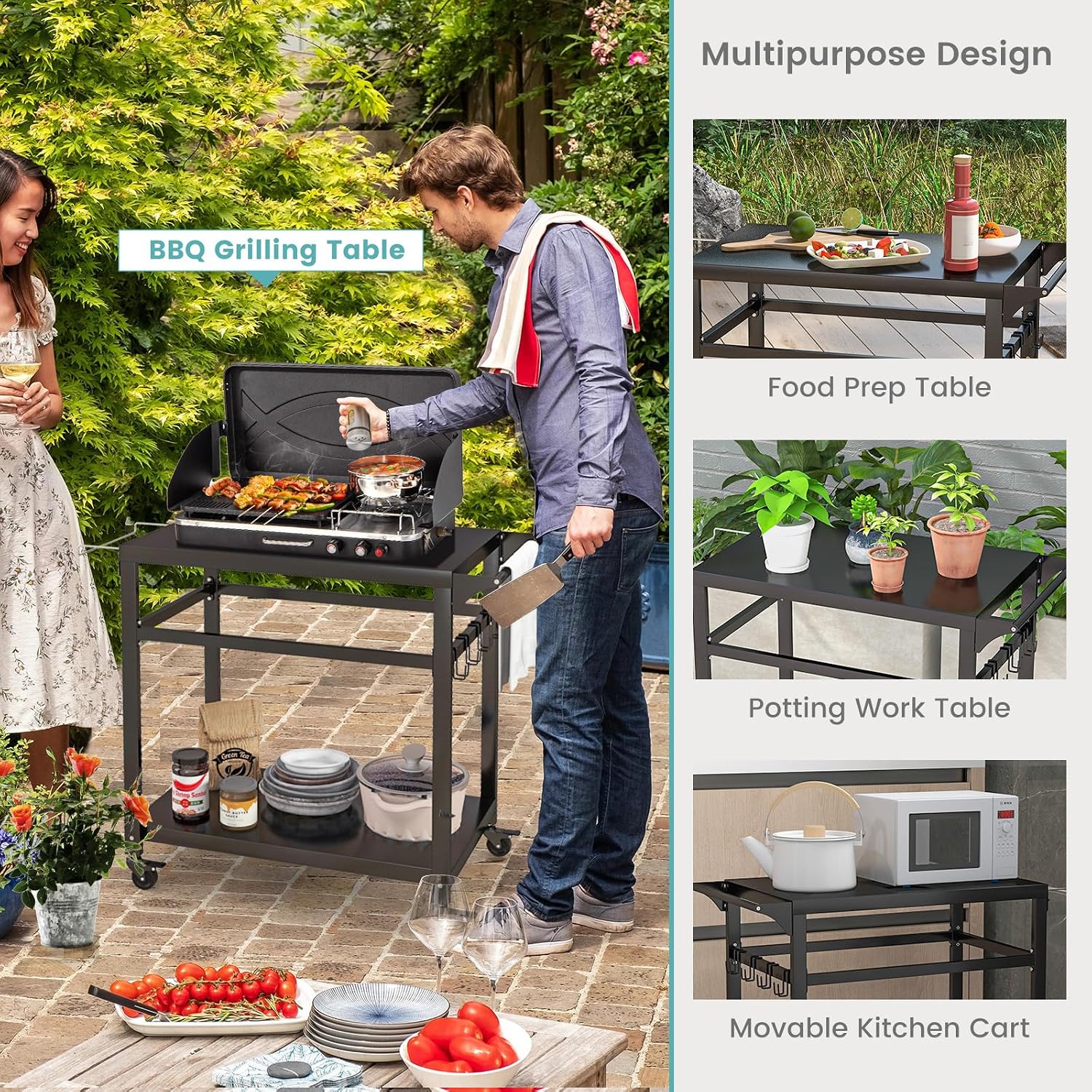 Giantex Outdoor Grill Cart - Pizza Oven Stand Table with Lockable Wheels, Double-Shelf Outdoor Cooking Prep Table with Garbage Bag Holder, Removable Hooks, Movable Dining Cart for Kitchen BBQ Party