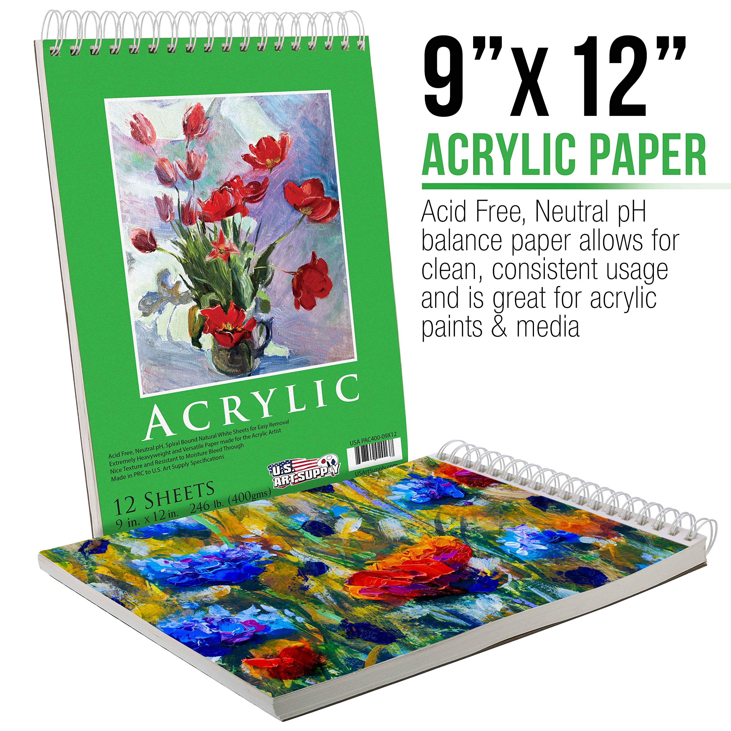 U.S. Art Supply Wysokiej jakości bardzo ciężka akrylowa podkładka papierowa do malowania, 111,6 kg (400 g/m²), oprawa spiralna, podkładka z 12 arkuszy od Us Art Supply