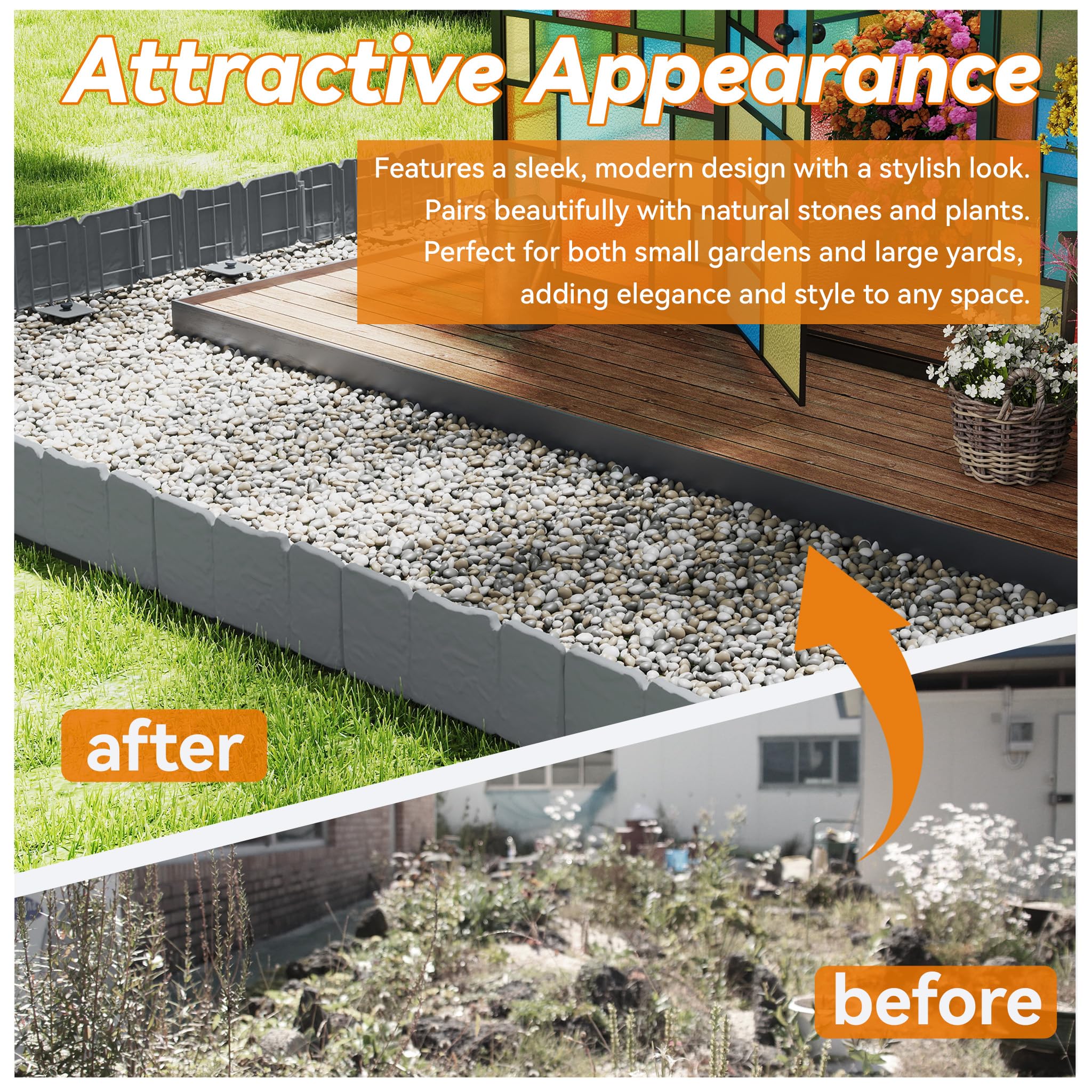 SUBTLETY Rasenkante Kunststoff 20m für Harten Steinigen Boden, Flexibel Beeteinfassung mit Bodennägeln 10cm Höhe Steinoptik Beetumrandung für Garten (Grau)