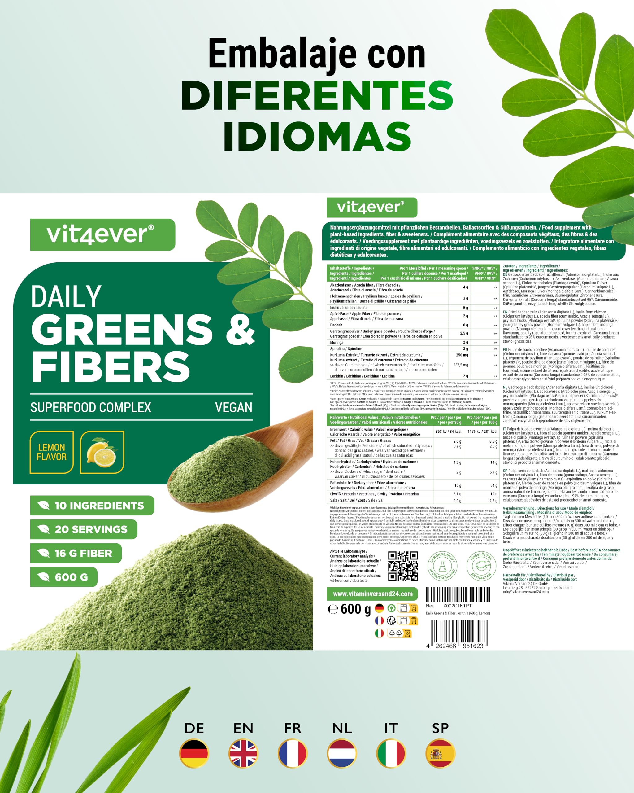 vit4ever Daily Greens & Fiber - Polvo 600 g - 16 g de Fibra - Limón
