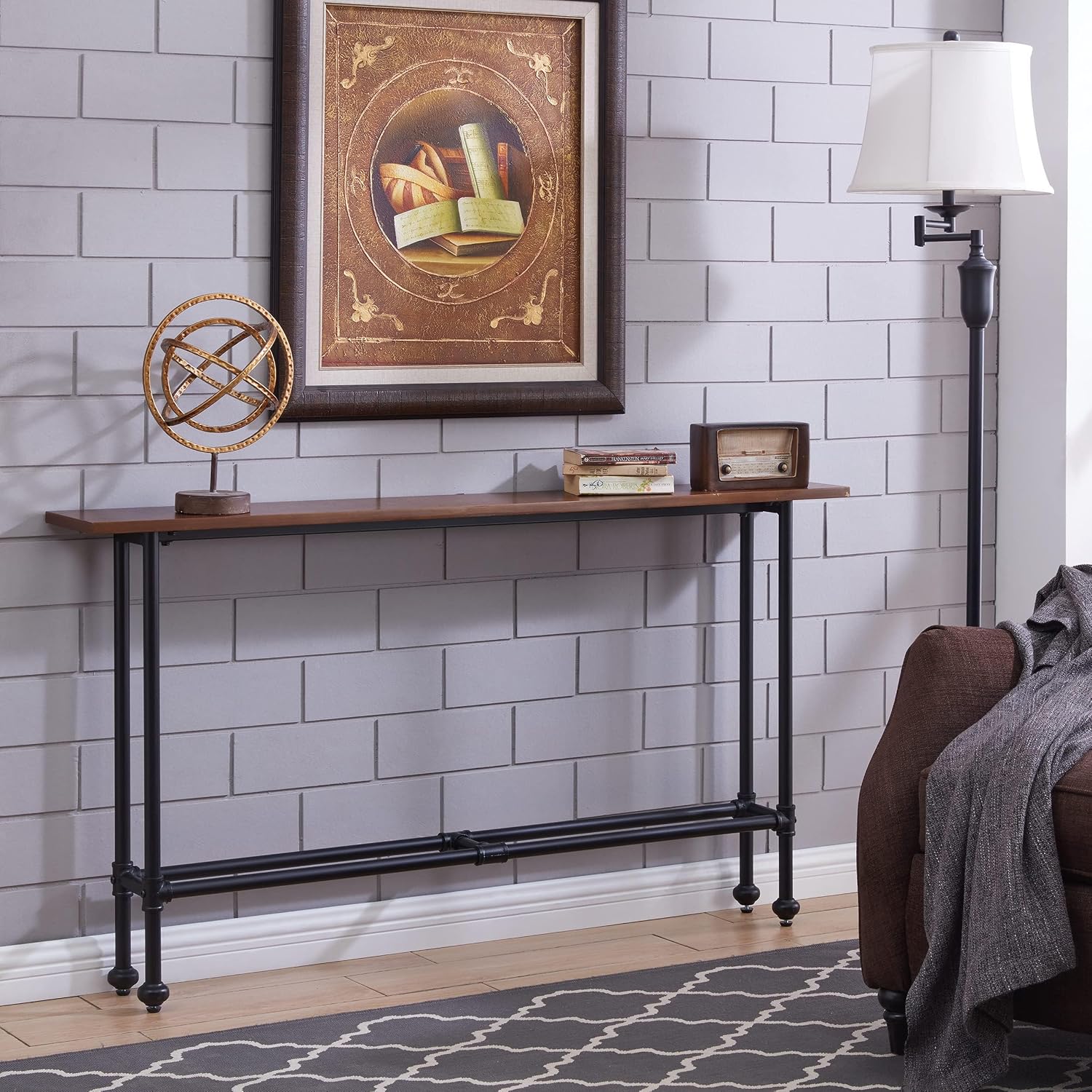 BOWERY HILL Modern Console Table, 56 in x 8 in x 30 in, Engineered Wood and Metal, Matte Black-Espresso Finish, Industrial Style Narrow Design for Entryway or Living Room
