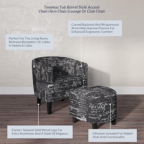 Miniatura 45 de Silla Belleze Accent Club con brazos redondos modernos y elegantes, con otomana, con espalda curvada, impresión francesa, de lino y piel sintética,