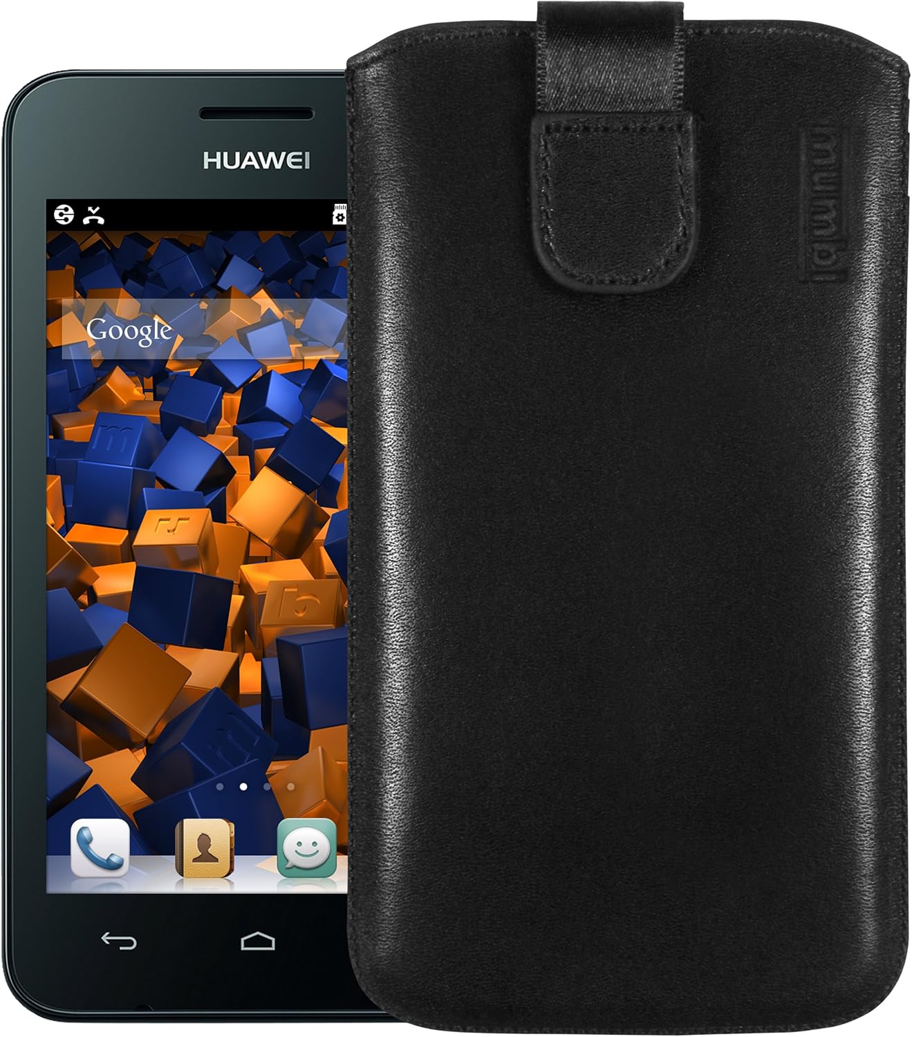 mumbi Genuine Leather Case with Flap and Pull-Up Strap for Huawei Ascend Y330 Black