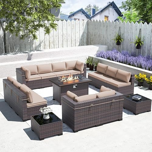 Outdoor Patio Furniture Set with Fire Pit Table, 15 Pieces Outdoor Furniture Set Patio Sectional Sofa w/43in Propane Fire Pit, PE Wicker Rattan Patio Conversation Sets - Brown