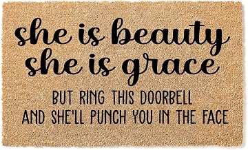 Doormat She is Beauty Grace Will Punch You in The Face | Funny Go Away Welcome Mat Gift stk1916