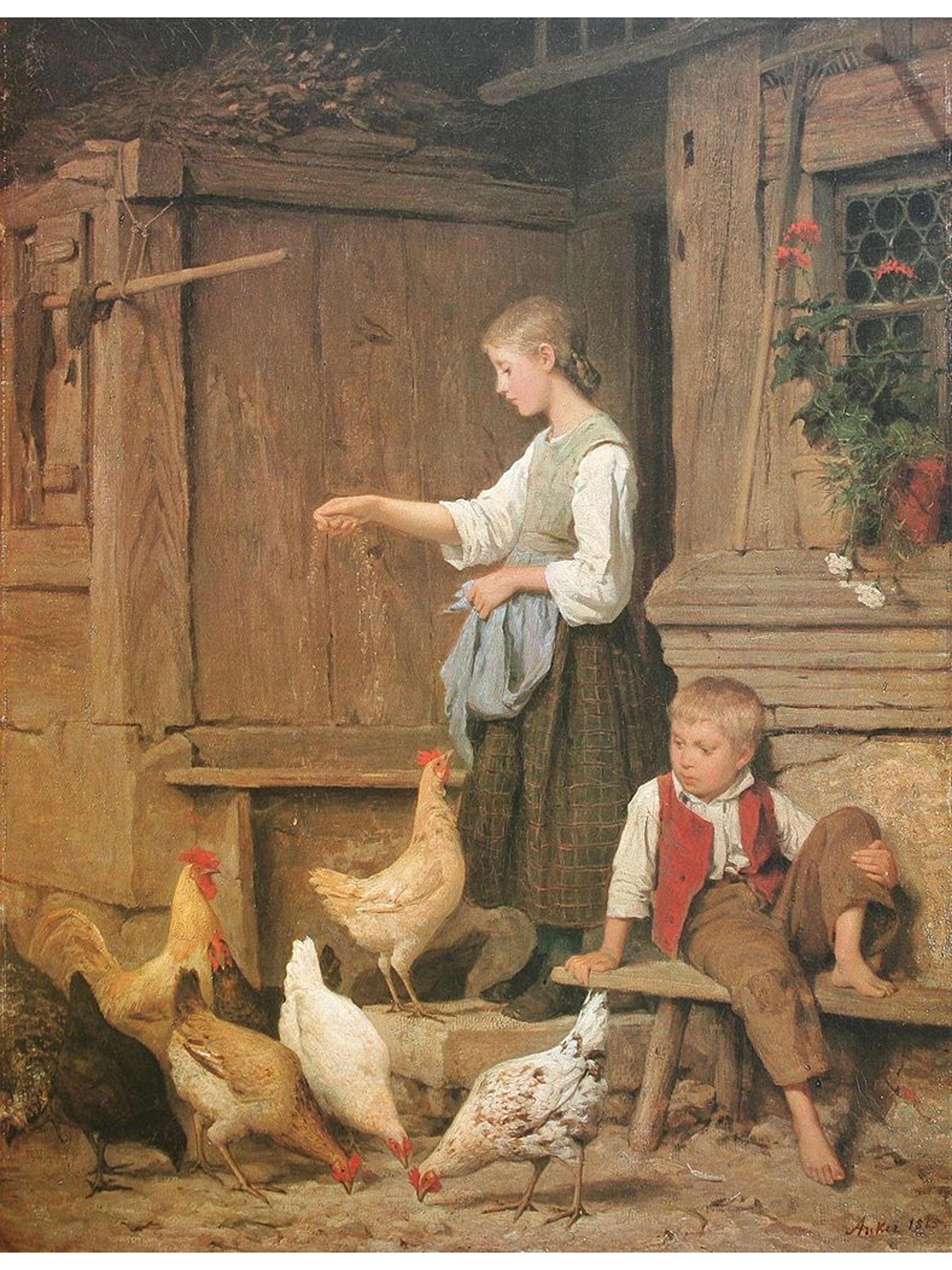 Jeune fille nourrissant les poules by Albert Anker