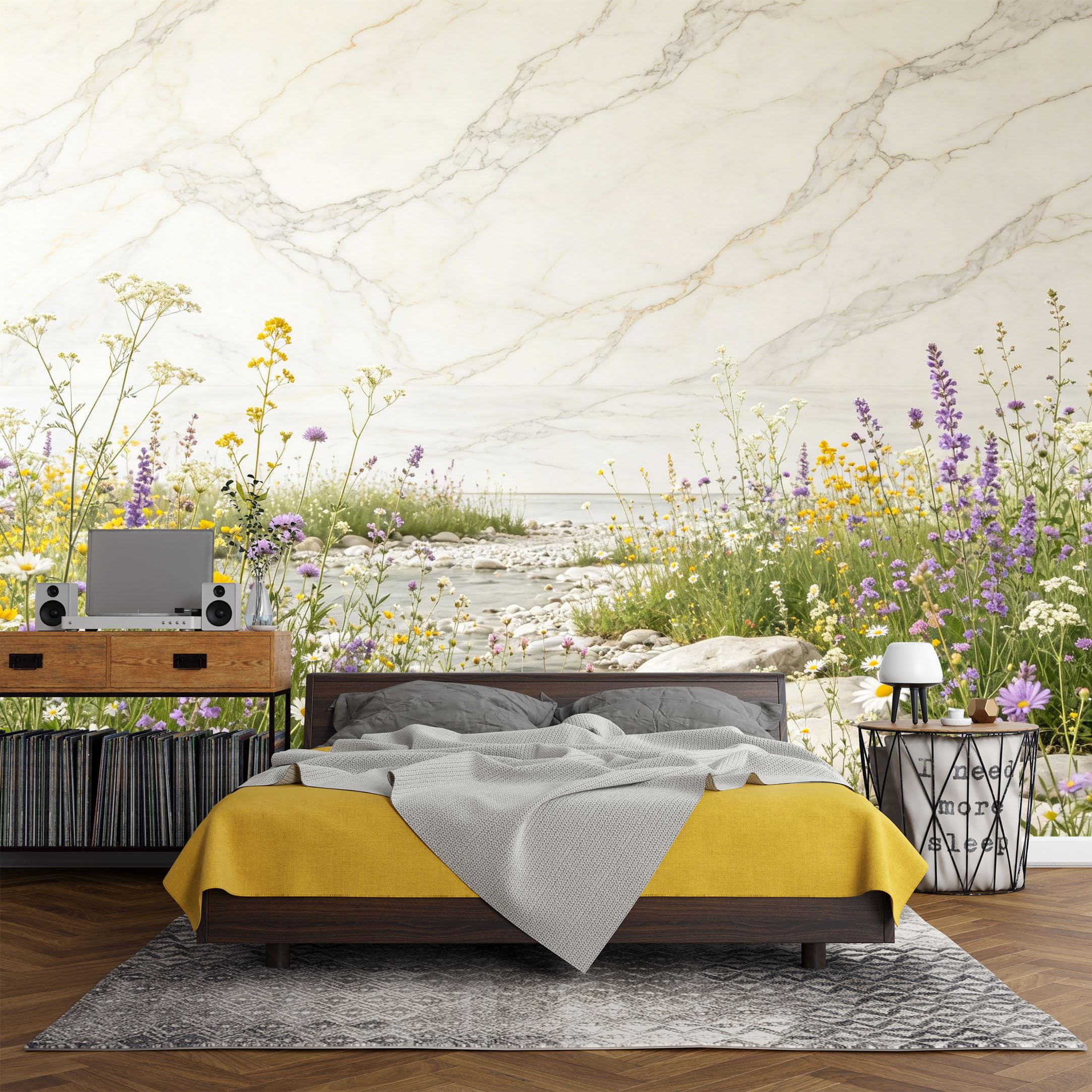 Custom Size Wall Mural， Botanical Wildflower Stream Pebble Meadow Landscape，SelfAdhesive Art Prints wall Fabric (No PVC) Removable Wallpaper Living Room Decor