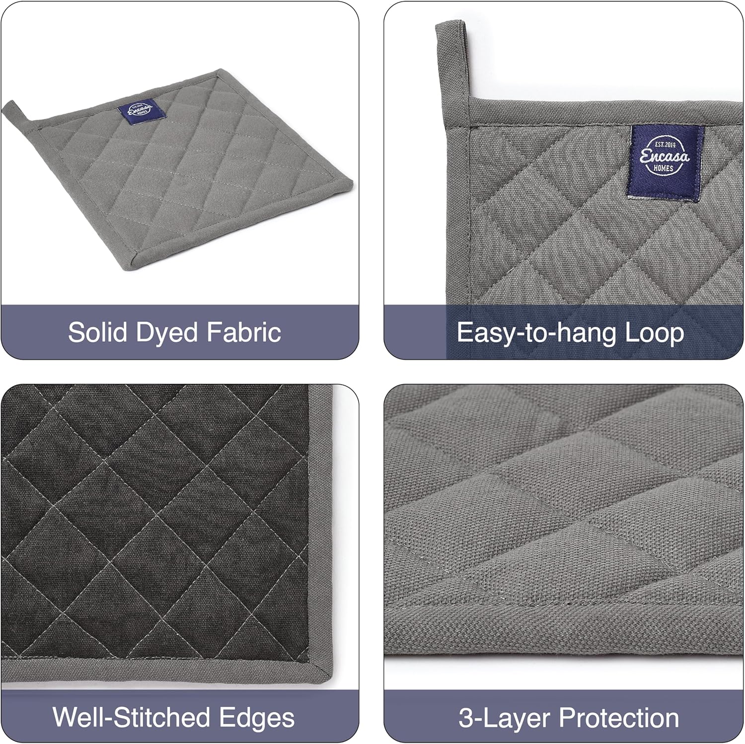 Encasa XO Heat Resistant Cotton Pot Holders with Hanging Loop - Set of 2 - Grey - Multipurpose Quilted Everyday Hot Pad for Kitchen, Camping, BBQ & Microwave - 8x8 in - Image 5