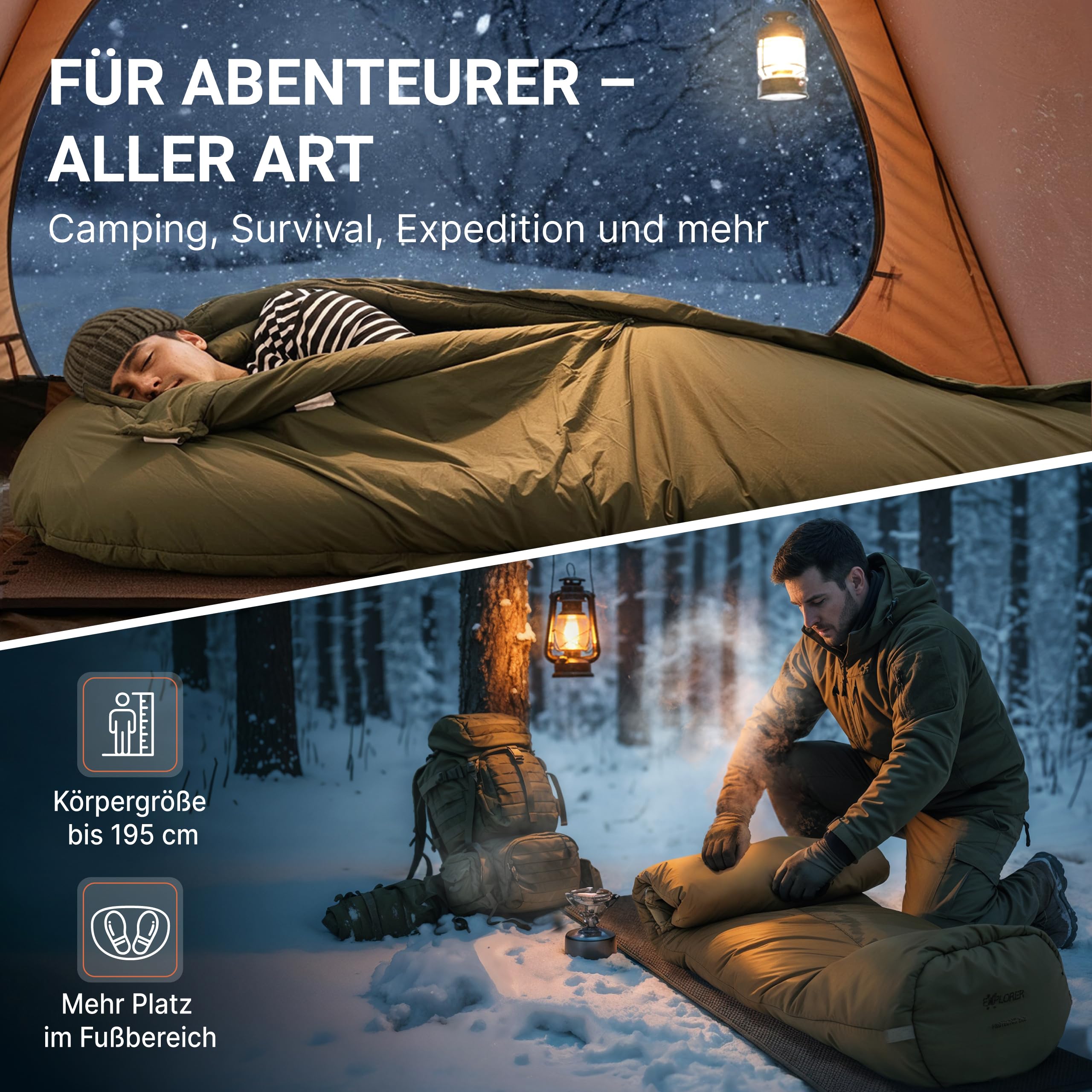 EXPLORER Beheizbarer Schlafsack | Protector 220 | (3-Stufen Heizung) | XXL Winterschlafsack 220x80cm | Extrem bis -32,9°C (450GSM) | BW Military Biwak Olivgrün für Camping, Angeln & Survival
