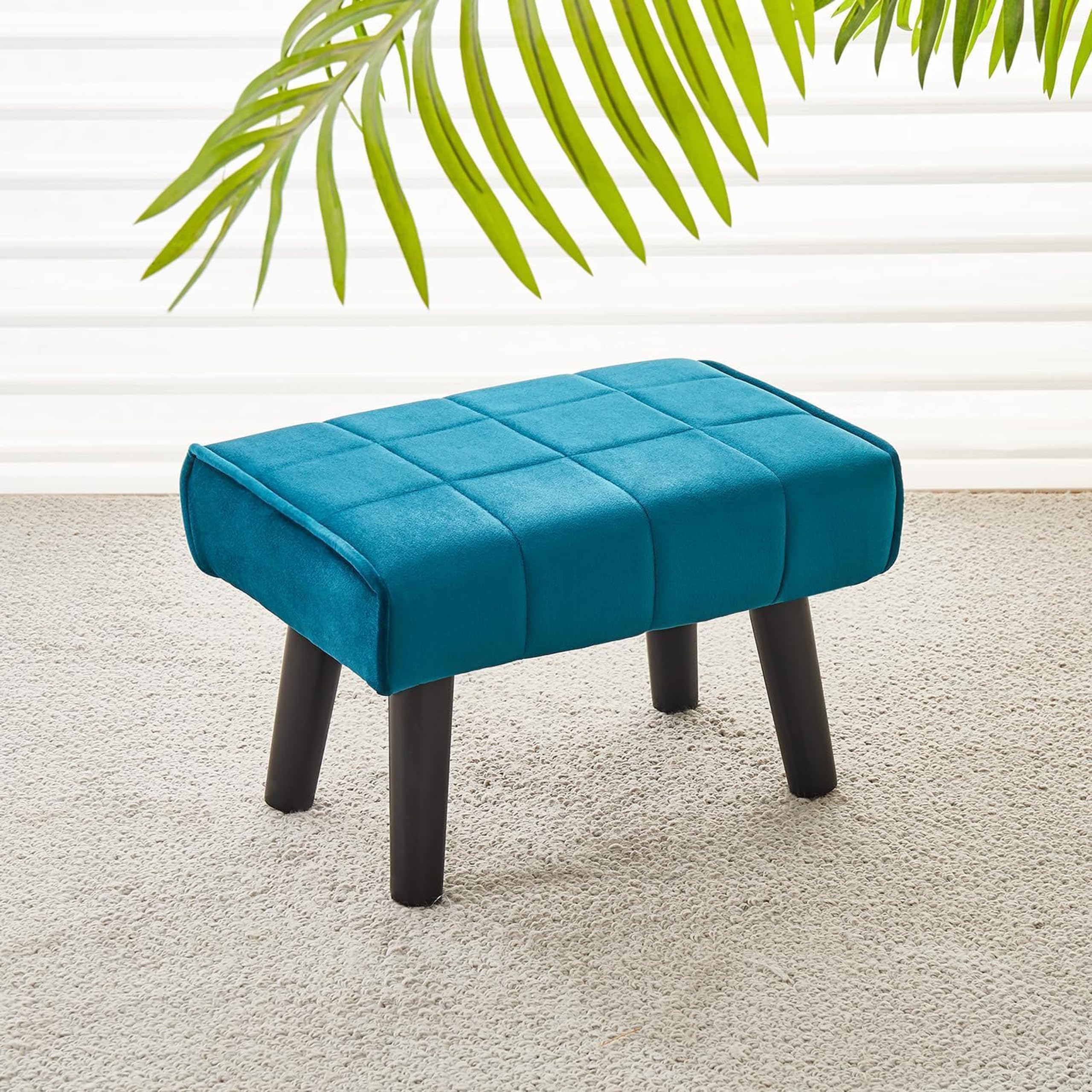 Rectangular Ottoman Footstool with Velvet Soft Footrest and Wood Legs for Sofa Additional Living Room Seating Tiny Stool for Pets on The Living Room Couch-Blue