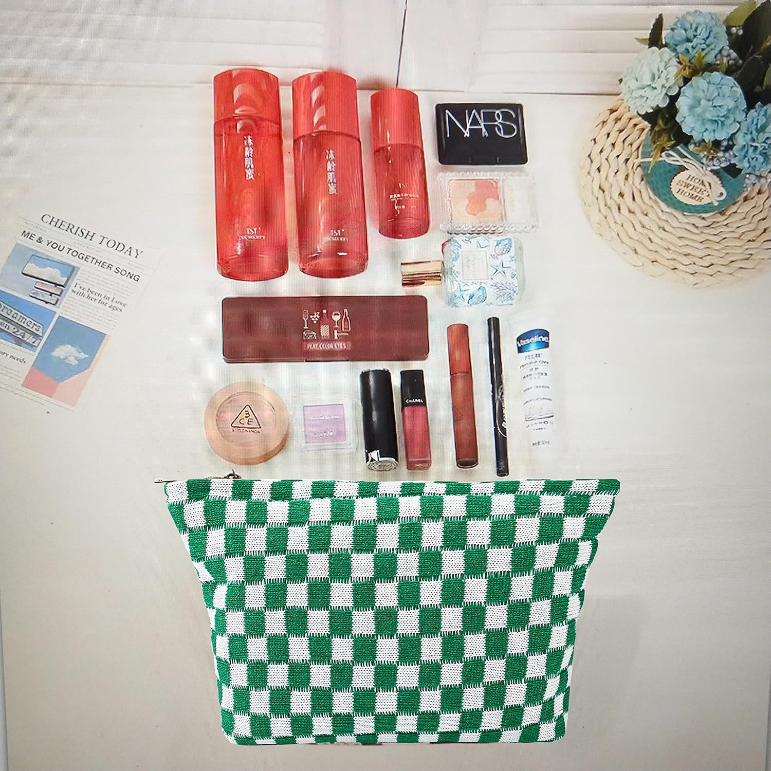2-Piece Knitted Makeup Bag and Plush Card Bag,Large Capacity Clutch Bag,Women Purse,Travel Toiletry Bag,Sisterhood Gift,Trendy Tiktok Items,Cosmetic Brush Organizer(Green Plaid) image 4