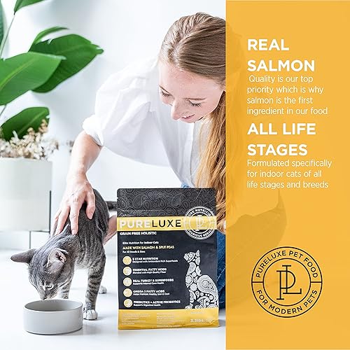 Miniatura 3 de PURELUXE Alimento para gatos de interior sin granos y gluten, nutrición de élite, salmón y guisantes partidos, para todas las etapas de la vida y