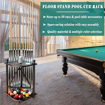 Pool Cue Rack Floor Stand for Cue Stick at Any Size, A Full Set Of Balls, Billiard Table Accessories, Corner Pool Stick Holder Large Size for 10 Cues Made of 100% Solid Hardwood