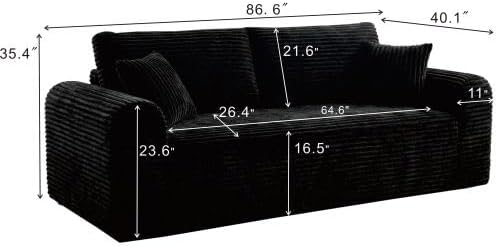 Modern 3 Seater loveseat Sofa, Comfy Deep Seat Boneless Couch with 2 Pillows, Plush Corduroy Fabric couches for Living Room, Bedroom and Apartment (Black, 86.6" Seater Sofa)