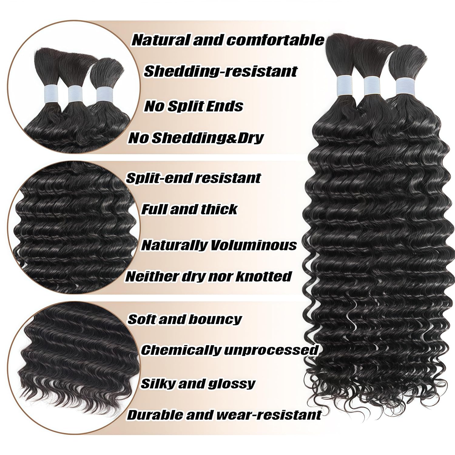 Human Braiding Hair 12A Deep Water Wave Boho Human Hair for Braiding Curly Bulk human hair for braids 3 Bundles 120g/Pack human bulk hair Natural Women Color 1B Black（18inch）