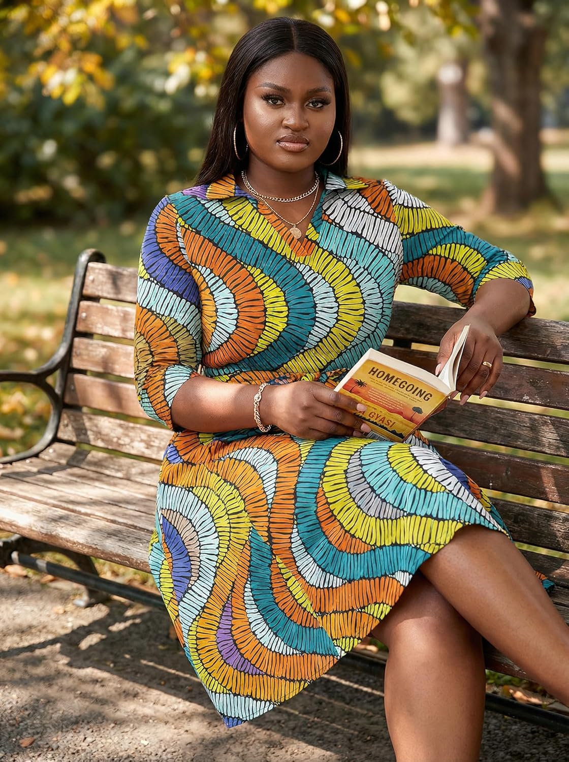 FANDEE Plus Size Midi Dress for Women - Printing Summer Dresses for Wedding Guest Cocktail Party 3/4 Sleeve V Neck(L-5XL) - Image 5