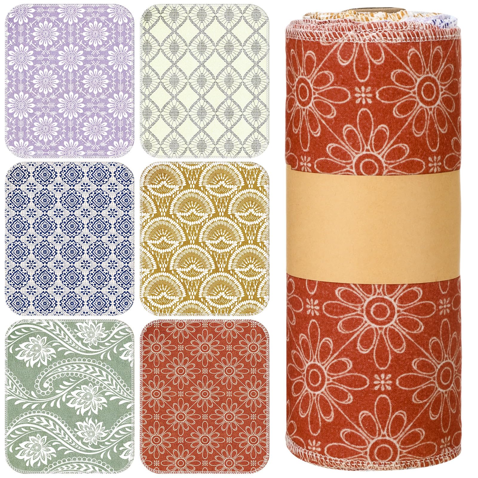 Redbaker 30 Pcs Reusable Paper Towels Rolls Towels Bulk Kitchen Washable Paperless Cloth Cotton Hand Napkins with Cardboard Reusable Napkins for Kitchen Bathroom (Bohemian)